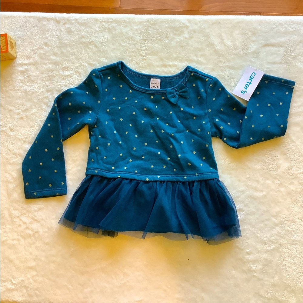 NWT -Carter's Blue / Teal Sweater with gold sparkly stars. Size 2T